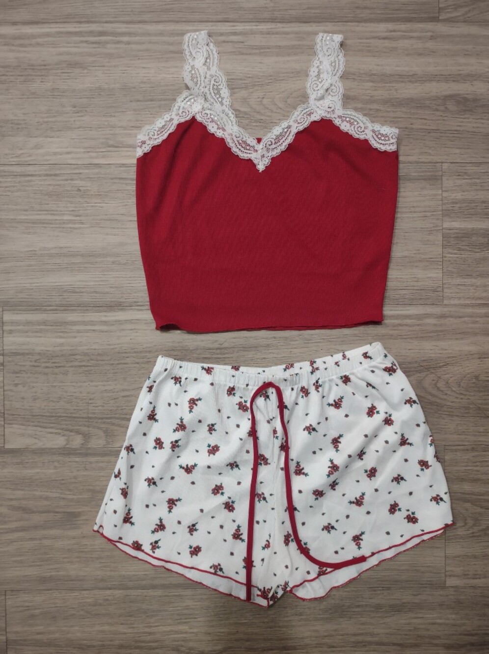 Red Lace Trim Tube Top with White Floral Shorts Set
